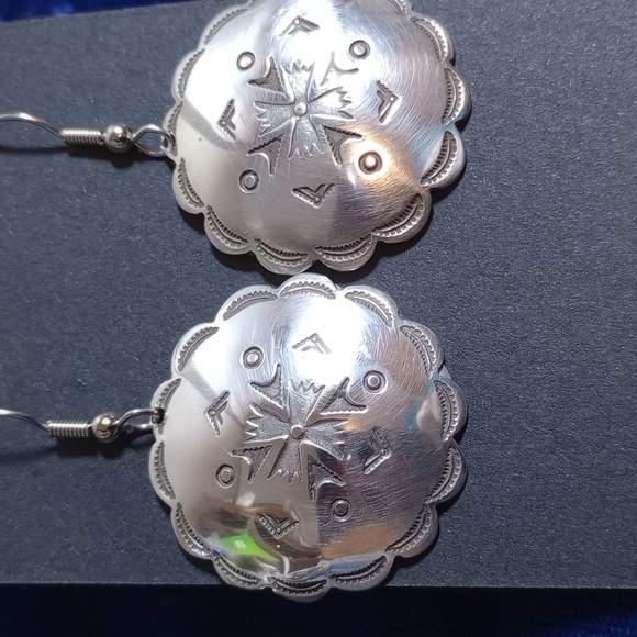 Vintage Sterling Silver Tribal Design Concho Dangle Earrings - Picture 2 of 15